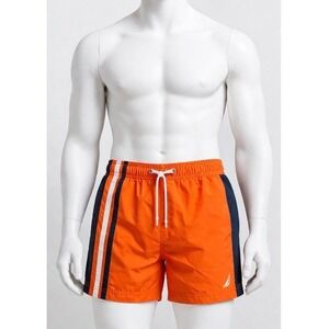 Nautica Mens Swim Trunks Orange Navy Blue White Stripe Board Shorts Mesh Lined L